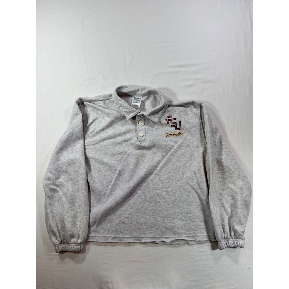 Hanes FSU Florida State Seminoles Long Sleeve Polo Sweatshirt Gray Large